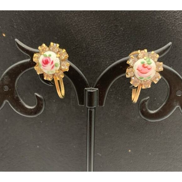 Vintage 50s Goldtone Guilloche Enamel Rose Rhinestone Floral Screw Back Earrings - Picture 1 of 6
